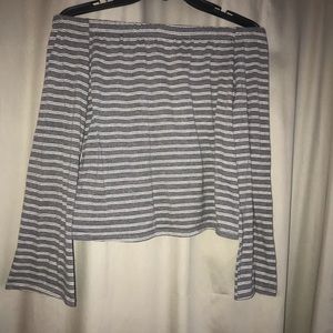gray striped off the shoulder blouse
